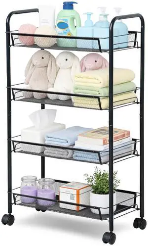 4 Tier Rolling Cart, Small Metal Utility Cart with Wheels, Black | 10.2" Slim Width, Four Mesh Baskets, 15 lb Load Capacity per Basket, Tool-Free Assembly, Ideal for Bathroom & Snack Storage 4 Tier Rolling Cart, Small Metal Utility Cart with Wheels, Black | 10.2" Slim Width, Four Mesh Baskets, 15 lb Load Capacity per Basket, Tool-Free Assembly, Ideal for Bathroom & Snack Storage