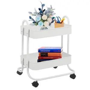 2 Tier Metal Mesh Utility Rolling Cart Storage Organizer with Lockable Wheels for Office Kitchen Living Room Laundry Bathroom White 2 Tier Metal Mesh Utility Rolling Cart Storage Organizer with Lockable Wheels for Office Kitchen Living Room Laundry Bathroom White