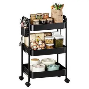 Heavy-Duty Rolling Cart 3 Tier Metal Utility Storage Cart | with Casters, Hooks & Hanging Cups, Rolling Storage Organizer for Kitchen Office Craft Snack Book Heavy-Duty Rolling Cart 3 Tier Metal Utility Storage Cart | with Casters, Hooks & Hanging Cups, Rolling Storage Organizer for Kitchen Office Craft Snack Book
