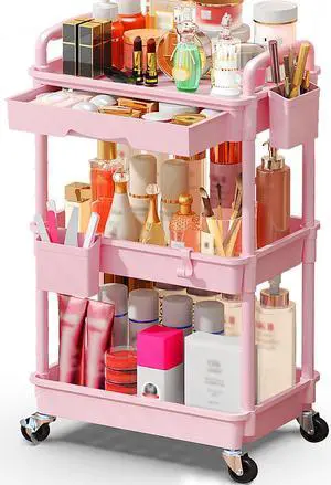 Makeup Cart Organizer with Drawer, 3 Tier Rolling Makeup Cart, Pink | Rolling Vanity Storage for Skin Care Perfume Nail Polish, Floor Skincare Organizers Cosmetics Display Bathroom Storage Cart Makeup Cart Organizer with Drawer, 3 Tier Rolling Makeup Cart, Pink | Rolling Vanity Storage for Skin Care Perfume Nail Polish, Floor Skincare Organizers Cosmetics Display Bathroom Storage Cart