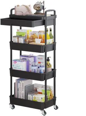 4-Tier Utility Cart with Drawer & Wheels, Storage for Home,Office | Space-Saving Organizer, Sturdy Plastic Shelves, Smooth-Rolling Metal Wheels, Built-in Drawer for Small Items, Black 4-Tier Utility Cart with Drawer & Wheels, Storage for Home,Office | Space-Saving Organizer, Sturdy Plastic Shelves, Smooth-Rolling Metal Wheels, Built-in Drawer for Small Items, Black