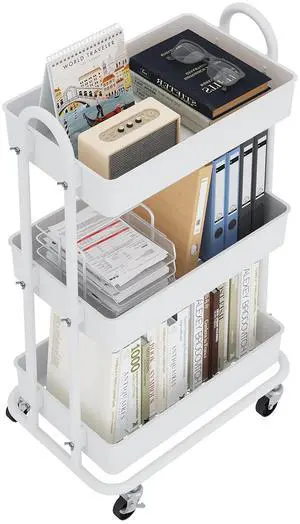 3-Tier Utility Cart with Wheels, Rolling Cart, Storage Shelves, Multi-Functional Organizer Cart for Bathroom, Office, Kitchen, White 3-Tier Utility Cart with Wheels, Rolling Cart, Storage Shelves, Multi-Functional Organizer Cart for Bathroom, Office, Kitchen, White