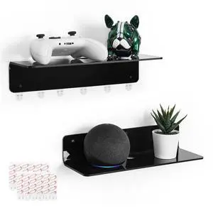 Acrylic Floating Wall Shelves Black, Damage Free, 12 Inch 2 Pack | Strong Tape Adhesive Wall Shelf No Drill, Easy Installation, Hole Design with Cable Clips, Small Spaces Bedroom Bathroom Acrylic Floating Wall Shelves Black, Damage Free, 12 Inch 2 Pack | Strong Tape Adhesive Wall Shelf No Drill, Easy Installation, Hole Design with Cable Clips, Small Spaces Bedroom Bathroom