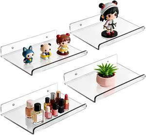 4-Pack Clear Acrylic Floating Shelves with Adhesive & No-Trace Nails - Ultimate No Drill Wall Mounted Display & Storage Organizer for Bathroom, Bedroom, Living Room, Office, 7.87" x 4" (4, U-Shape) 4-Pack Clear Acrylic Floating Shelves with Adhesive & No-Trace Nails - Ultimate No Drill Wall Mounted Display & Storage Organizer for Bathroom, Bedroom, Living Room, Office, 7.87" x 4" (4, U-Shape)