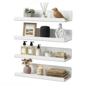 White Acrylic Floating Shelves, No Drill Wall Shelves, 4 Pack | Glossy White Acrylic; 4 Pack Wall Shelves; Adhesive or Screw Mount; No Drill Option; 12 lb Max Load White Acrylic Floating Shelves, No Drill Wall Shelves, 4 Pack | Glossy White Acrylic; 4 Pack Wall Shelves; Adhesive or Screw Mount; No Drill Option; 12 lb Max Load