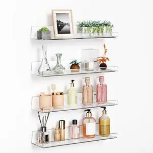 4 Pack Acrylic Shelves for Wall, 15 Inch Clear Adhesive Floating Shelf | Dual-Mount No Drill/Screw Waterproof Wall Shelf, Rustproof Storage Rack for Bathroom, Kitchen, Living Room, Bedroom 4 Pack Acrylic Shelves for Wall, 15 Inch Clear Adhesive Floating Shelf | Dual-Mount No Drill/Screw Waterproof Wall Shelf, Rustproof Storage Rack for Bathroom, Kitchen, Living Room, Bedroom