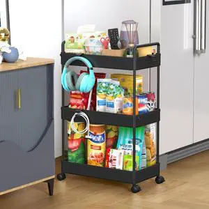 3 Tier Slim Rolling Storage Cart Organizer with Wheels, Black | Utility cart for bathroom, laundry, bedside, dorm&narrow spaces. Fits craft, nail, makeup, snack, art, diaper&baby essentials 3 Tier Slim Rolling Storage Cart Organizer with Wheels, Black | Utility cart for bathroom, laundry, bedside, dorm&narrow spaces. Fits craft, nail, makeup, snack, art, diaper&baby essentials