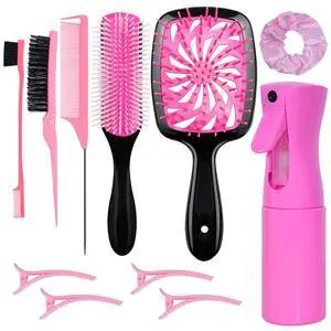 11-Piece Hair Brush Set with Detangling Brush and Hair Spray Bottle, Pink | Complete styling kit for women and kids with curly, thick or natural hair; suitable for wet or dry detangling and styling. 11-Piece Hair Brush Set with Detangling Brush and Hair Spray Bottle, Pink | Complete styling kit for women and kids with curly, thick or natural hair; suitable for wet or dry detangling and styling.