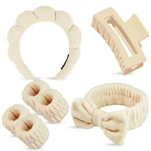 7 Pcs Spa Set, Facial Headband and Wristband Set, Skincare Accessories, College Style Girl Idea Gifts, Hair Accessories for Women and Girls (Khaki) 7 Pcs Spa Set, Facial Headband and Wristband Set, Skincare Accessories, College Style Girl Idea Gifts, Hair Accessories for Women and Girls (Khaki)