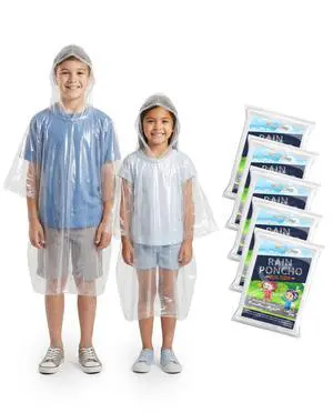 Disposable Rain Poncho for Kids with Hood (5 Pack) | Lightweight, Waterproof, Toddler Rain Coat, Emergency Ponchos, Travel & Theme Parks Disposable Rain Poncho for Kids with Hood (5 Pack) | Lightweight, Waterproof, Toddler Rain Coat, Emergency Ponchos, Travel & Theme Parks