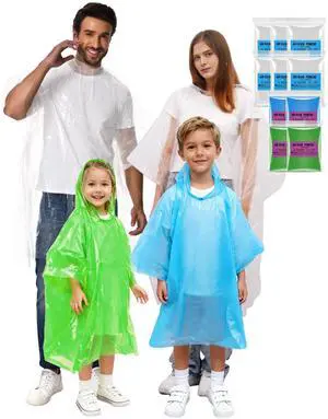 Disposable Rain Poncho Family 10 Pack for Adults & Kids with Hood - 2X-Thicker for Theme Parks, Travel & Outdoors Disposable Rain Poncho Family 10 Pack for Adults & Kids with Hood - 2X-Thicker for Theme Parks, Travel & Outdoors