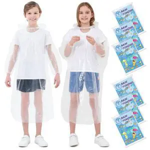 Disposable Rain Ponchos for Kids 6 Pack Extra Thick | Clear PE Material, Long Sleeves with Elastic Cuffs, Lightweight & Waterproof Emergency Poncho for Theme Parks, Travel Disposable Rain Ponchos for Kids 6 Pack Extra Thick | Clear PE Material, Long Sleeves with Elastic Cuffs, Lightweight & Waterproof Emergency Poncho for Theme Parks, Travel