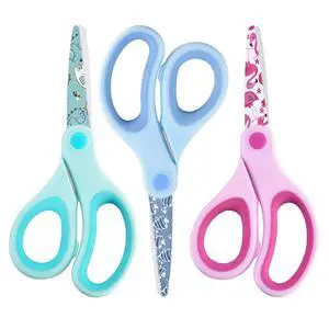 5" Kids Safety Scissors 3 Pack, Blunt-Tip Stainless Steel Blades (Print Design) & Ergonomic Comfort Handles, for Toddlers, Children, Small School Students, Craft Cutting Paper, Assorted Colors 5" Kids Safety Scissors 3 Pack, Blunt-Tip Stainless Steel Blades (Print Design) & Ergonomic Comfort Handles, for Toddlers, Children, Small School Students, Craft Cutting Paper, Assorted Colors