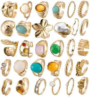 30 Pcs Gold Crystal Stacks Ring Sets for Women Chunky Gemstone Knuckle Rings Boho Flower Statement Joint Finger Rings Pack for Jewelry Gift 30 Pcs Gold Crystal Stacks Ring Sets for Women Chunky Gemstone Knuckle Rings Boho Flower Statement Joint Finger Rings Pack for Jewelry Gift