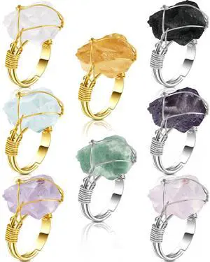 8 Pcs Chakra Crystal Rings Adjustable Raw Gems, Silver and Gold Ring | Copper Wire Wrapped Raw Stones, Versatile Irregular Colorful Gem Rings, Healing Crystal Ring, Spiritual Rings Gift for Women 8 Pcs Chakra Crystal Rings Adjustable Raw Gems, Silver and Gold Ring | Copper Wire Wrapped Raw Stones, Versatile Irregular Colorful Gem Rings, Healing Crystal Ring, Spiritual Rings Gift for Women
