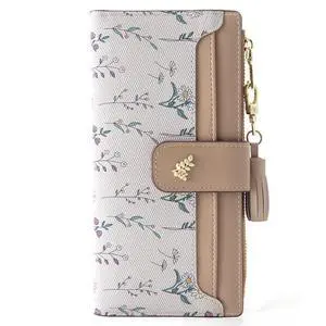 Womens Slim Bifold Wallet RFID Blocking PU Leather Floral (Khaki) | Zipper Pocket, Card Holder, Tassel Accent, Long Ladies Style, RFID Blocking Womens Slim Bifold Wallet RFID Blocking PU Leather Floral (Khaki) | Zipper Pocket, Card Holder, Tassel Accent, Long Ladies Style, RFID Blocking