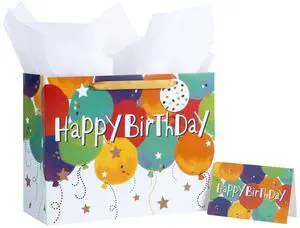 Colorful Birthday Gift Bag, Balloons Pattern with HAPPY BIRTHDAY Text, Matching Tissue Paper, Greeting Card and Tag, Ideal for Kids' Birthday Gifts, 13" x 5" x 10", 1 Pcs Colorful Birthday Gift Bag, Balloons Pattern with HAPPY BIRTHDAY Text, Matching Tissue Paper, Greeting Card and Tag, Ideal for Kids' Birthday Gifts, 13" x 5" x 10", 1 Pcs