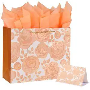 Large Gift Bag, Rose Gold, 13W x 10.2H x 4.7D inches | With Tissue Paper and Card, For Wedding, Bridal Shower, Birthday, Baby Shower Large Gift Bag, Rose Gold, 13W x 10.2H x 4.7D inches | With Tissue Paper and Card, For Wedding, Bridal Shower, Birthday, Baby Shower