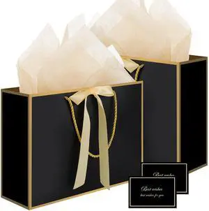Black Gift Bags with Handles, 14" Medium Gift Bag with Tissue Paper | 2 Pcs Black Bags, 4 Tissue Paper&2 Cards, Ideal for Men Birthday, Anniversary, Bachelor Party Decorations Black Gift Bags with Handles, 14" Medium Gift Bag with Tissue Paper | 2 Pcs Black Bags, 4 Tissue Paper&2 Cards, Ideal for Men Birthday, Anniversary, Bachelor Party Decorations