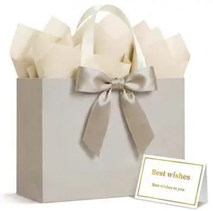 13 inches Champagne Gift Bag with Tissue Paper and Card | Features Handles and Bow Ribbon, for Women & Men Birthdays, Baby Shower, Wedding, Bridal Shower, Anniversary 13 inches Champagne Gift Bag with Tissue Paper and Card | Features Handles and Bow Ribbon, for Women & Men Birthdays, Baby Shower, Wedding, Bridal Shower, Anniversary