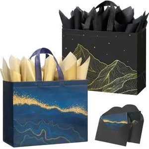 13" Large Gift Bags with Tissue Paper, 2 Pack Reusable Non-woven Happy Birthday Gift Bag with Handles, Perfect Gifts for Men & Women (Black, Blue). 13" Large Gift Bags with Tissue Paper, 2 Pack Reusable Non-woven Happy Birthday Gift Bag with Handles, Perfect Gifts for Men & Women (Black, Blue).