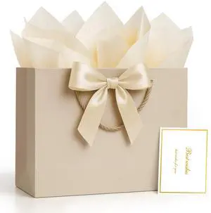 Gift Bags Medium with Handles 1 Pcs for Wedding Birthday Gift Wrap | Champagne Beige, with Card Ribbon 2 Tissue Paper, Small Gift Paper Party Bags for Men Women Engagement Baby Bridal Shower Gift Bags Medium with Handles 1 Pcs for Wedding Birthday Gift Wrap | Champagne Beige, with Card Ribbon 2 Tissue Paper, Small Gift Paper Party Bags for Men Women Engagement Baby Bridal Shower