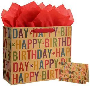 13" Kraft Happy Birthday Gift Bag, Colorful Lettering & Star Design with Tissue Paper and Greeting Card, Sturdy Handles for Boys Girls Kids Adults Birthday Party Favors 13" Kraft Happy Birthday Gift Bag, Colorful Lettering & Star Design with Tissue Paper and Greeting Card, Sturdy Handles for Boys Girls Kids Adults Birthday Party Favors