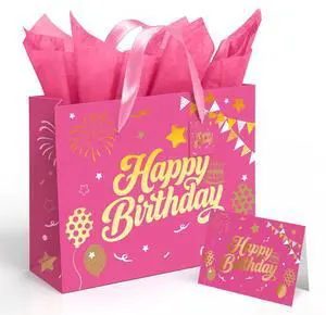 13 Pink Birthday Gift Bag with Tissue Paper and Greeting Card | Happy Birthday Gift Bags for Party, Hot Foil Stamping Design Gift Wrap Bags Decor for Women and Kids, 1 PCS, Medium Size 13 Pink Birthday Gift Bag with Tissue Paper and Greeting Card | Happy Birthday Gift Bags for Party, Hot Foil Stamping Design Gift Wrap Bags Decor for Women and Kids, 1 PCS, Medium Size