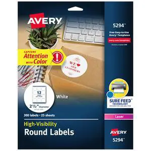 Round Printable Labels, 2.5" Diameter, Matte White, Sure Feed® Technology, Laser & Inkjet Compatible, 300 Blank Labels Total, Great for Branding, Packages, School Supplies, and More (5294) Round Printable Labels, 2.5" Diameter, Matte White, Sure Feed® Technology, Laser & Inkjet Compatible, 300 Blank Labels Total, Great for Branding, Packages, School Supplies, and More (5294)