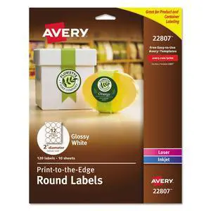 Printable Round Labels, Sure Feed® Technology, Glossy White Labels, 2" Diameter, Permanent Adhesive, Laser/Inkjet, 120 Total (22807) Printable Round Labels, Sure Feed® Technology, Glossy White Labels, 2" Diameter, Permanent Adhesive, Laser/Inkjet, 120 Total (22807)