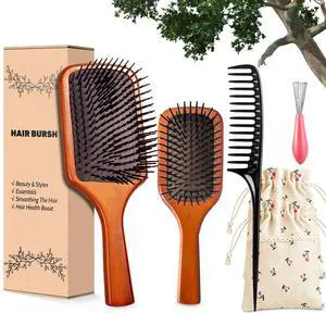 Wooden Hair Brush Detangling Air Cushion Paddle, Anti-Static, Reduces Breakage, for Curly & Straight Hair, Wet & Dry Use for Women Men All Hair Types - 2 Pcs Wooden Hair Brush Detangling Air Cushion Paddle, Anti-Static, Reduces Breakage, for Curly & Straight Hair, Wet & Dry Use for Women Men All Hair Types - 2 Pcs