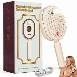 Electric Spray Air Cushion Massage Comb, 5-in-1 Rechargeable Mist Hair Brush with 10ml Refillable Reservoir, One-Press Self-Cleaning Detangling Brush for Dry, Frizzy, Curly & Thick Hair (Beige) Electric Spray Air Cushion Massage Comb, 5-in-1 Rechargeable Mist Hair Brush with 10ml Refillable Reservoir, One-Press Self-Cleaning Detangling Brush for Dry, Frizzy, Curly & Thick Hair (Beige)