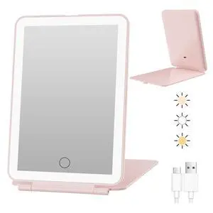 Rechargeable Travel Makeup Mirror with 72 Led Lights | Portable Lighted Makeup Mirror, 3 Color Lighting, Dimmable Touch Screen, Type C, Tabletop Folding Cosmetic Vanity Mirror Pink Rechargeable Travel Makeup Mirror with 72 Led Lights | Portable Lighted Makeup Mirror, 3 Color Lighting, Dimmable Touch Screen, Type C, Tabletop Folding Cosmetic Vanity Mirror Pink