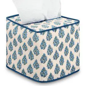 Floral Block Print Fabric Cotton Tissue Box Cover 5.2" x 5.2" x 4.5" Square Reusable Soft Blue and White Napkin Holder for Kitchen Dining Bathroom Office Cafe Grandmillennial Home Decor Floral Block Print Fabric Cotton Tissue Box Cover 5.2" x 5.2" x 4.5" Square Reusable Soft Blue and White Napkin Holder for Kitchen Dining Bathroom Office Cafe Grandmillennial Home Decor