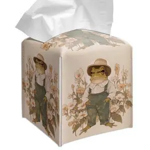 Vintage Frog Tissue Box Cover Square, Overalls Cottagecore Floral Cube Case for Facial Tissues, 5.2" PU Leather(081) Vintage Frog Tissue Box Cover Square, Overalls Cottagecore Floral Cube Case for Facial Tissues, 5.2" PU Leather(081)