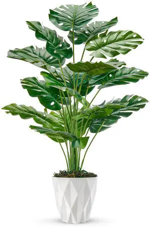 28" Tall Fake Plants, Monstera Plant in White Pot for Office Decor | Artificial plants indoor pair natural-looking tropical foliage with a geometric planter for bedroom, entryway and house decor 28" Tall Fake Plants, Monstera Plant in White Pot for Office Decor | Artificial plants indoor pair natural-looking tropical foliage with a geometric planter for bedroom, entryway and house decor