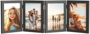 4 Picture Frame, 4x6 Four Folding Hinged Photo Frames, Rustic Wood Desk Family Photo Collage Stand Vertical on Tabletop for Birthday Family Lover Gift (Black) 4 Picture Frame, 4x6 Four Folding Hinged Photo Frames, Rustic Wood Desk Family Photo Collage Stand Vertical on Tabletop for Birthday Family Lover Gift (Black)