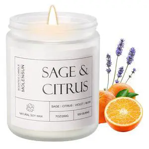 Sage Citrus Scented Candle, Soy Wax 7 oz | Fresh sage and citrus aromatherapy fragrance; 50H burn long-lasting jar candle; Gift for women Sage Citrus Scented Candle, Soy Wax 7 oz | Fresh sage and citrus aromatherapy fragrance; 50H burn long-lasting jar candle; Gift for women