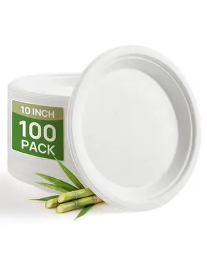 10 Inch White Compostable Sugarcane Paper Plates, 100 Pack | 100% FSC Certified Bagasse Plates, Heavy Duty, Eco Friendly Disposable Dinnerware for Party, Wedding, BBQ & Everyday Use 10 Inch White Compostable Sugarcane Paper Plates, 100 Pack | 100% FSC Certified Bagasse Plates, Heavy Duty, Eco Friendly Disposable Dinnerware for Party, Wedding, BBQ & Everyday Use
