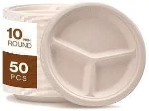 Disposable Plates - Compostable Paper Plates 10-inch - Made from Renewable Sugarcane Fiber - For Home, Catering, Schools, Healthcare Facilities - Round with 3 Compartments - Pack of 50 Disposable Plates - Compostable Paper Plates 10-inch - Made from Renewable Sugarcane Fiber - For Home, Catering, Schools, Healthcare Facilities - Round with 3 Compartments - Pack of 50