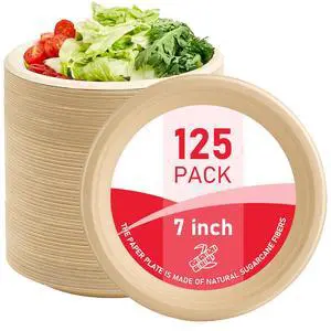 125 Pack Compostable Paper Plates 7 Inch, Heavy Duty Disposable Dinnerware, Biodegradable Bagasse Sugarcane Fiber Round Plates, Unbleached Brown 125 Pack Compostable Paper Plates 7 Inch, Heavy Duty Disposable Dinnerware, Biodegradable Bagasse Sugarcane Fiber Round Plates, Unbleached Brown