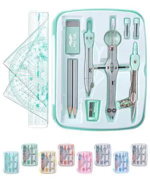 Geometry Set, 13 pcs, 3 Metal Compasses, Protractor, 6" Ruler | 45° & 30°/60° Set Squares, Pencils, Lead Refills, Sharpener & Eraser for Math, Drafting & Classroom Use | 45° & 30°/60° Set Squares Geometry Set, 13 pcs, 3 Metal Compasses, Protractor, 6" Ruler | 45° & 30°/60° Set Squares, Pencils, Lead Refills, Sharpener & Eraser for Math, Drafting & Classroom Use | 45° & 30°/60° Set Squares