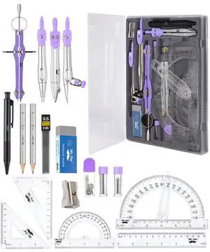 Geometry Set, 15 pcs, Purple, 6 Inch Swing Arm Protractor, Divider | Set Squares, Ruler, Compasses and Protractor Geometry Set, 15 pcs, Purple, 6 Inch Swing Arm Protractor, Divider | Set Squares, Ruler, Compasses and Protractor