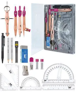 Geometry Set, 15 pcs, Rose Gold & Pink | 6 Inch Swing Arm Protractor, Divider, Set Squares, Ruler, Compasses and Protractor Geometry Set, 15 pcs, Rose Gold & Pink | 6 Inch Swing Arm Protractor, Divider, Set Squares, Ruler, Compasses and Protractor