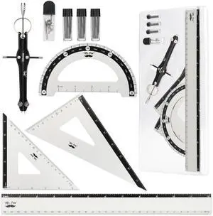 Metal Geometry Set, 9 pcs, Compass, 6" Protractor, 12" Ruler | 45° & 30°/60° Set Squares, Lead Refills, Metal Drafting Tools for Technical Drawing, Math, Engineering & Architecture Metal Geometry Set, 9 pcs, Compass, 6" Protractor, 12" Ruler | 45° & 30°/60° Set Squares, Lead Refills, Metal Drafting Tools for Technical Drawing, Math, Engineering & Architecture