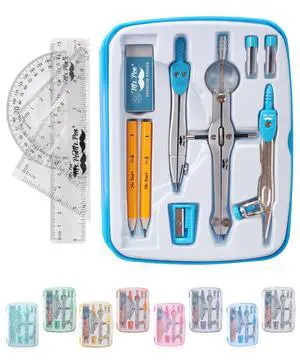 13 Piece Geometry Set with Shatterproof Storage Box, Blue | 45° & 30°/60° Set Squares, Pencils, Lead Refills, Sharpener & Eraser for Math, Drafting & Classroom Use 13 Piece Geometry Set with Shatterproof Storage Box, Blue | 45° & 30°/60° Set Squares, Pencils, Lead Refills, Sharpener & Eraser for Math, Drafting & Classroom Use