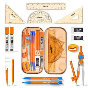 17 PCS Geometry Set, Protractor and Compass Set for School Students | Metal Case, Math Compass Drawing Tool with Rulers, Protractor, Mechanical Pencil, Geometry Kit for Classroom-School Supplies 17 PCS Geometry Set, Protractor and Compass Set for School Students | Metal Case, Math Compass Drawing Tool with Rulers, Protractor, Mechanical Pencil, Geometry Kit for Classroom-School Supplies