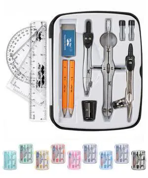 Geometry Set, 13 pcs, 3 Metal Compasses, Protractor, 6" Ruler | 45° & 30°/60° Set Squares, Pencils, Lead Refills, Sharpener & Eraser for Math, Drafting & Classroom Use Geometry Set, 13 pcs, 3 Metal Compasses, Protractor, 6" Ruler | 45° & 30°/60° Set Squares, Pencils, Lead Refills, Sharpener & Eraser for Math, Drafting & Classroom Use
