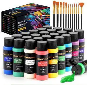 Acrylic Paint Set, 24 Colors (2 oz/Bottle) with 12 Art Brushes, Art Supplies for Painting Canvas, Wood, Ceramic & Fabric, Rich Pigments Lasting Quality for Beginners, Professional Acrylic Paint Set, 24 Colors (2 oz/Bottle) with 12 Art Brushes, Art Supplies for Painting Canvas, Wood, Ceramic & Fabric, Rich Pigments Lasting Quality for Beginners, Professional