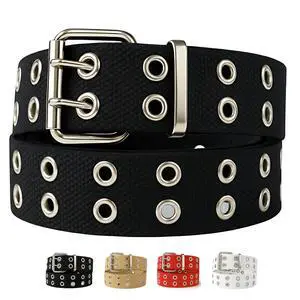 Double Grommet Canvas Belt Adjustable Punk Style Web Belt for Women & Men Jeans, Unisex 1.5 Wide, Cotton Strap with Metal Buckle (black, L: waist size 36"~40") Double Grommet Canvas Belt Adjustable Punk Style Web Belt for Women & Men Jeans, Unisex 1.5 Wide, Cotton Strap with Metal Buckle (black, L: waist size 36"~40")